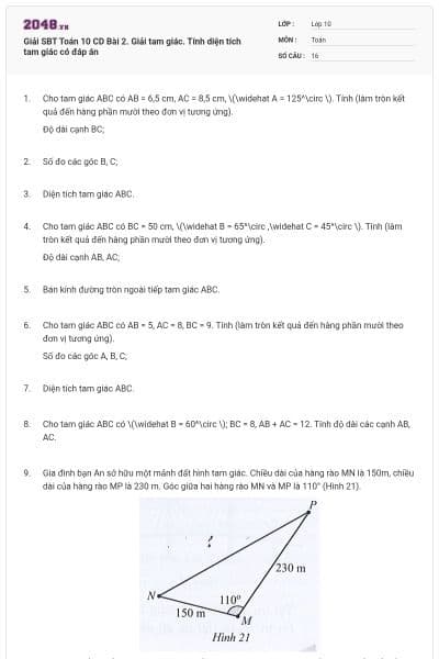 Giải SBT Toán 10 CD Bài 2. Giải tam giác. Tính diện tích tam giác có đáp án