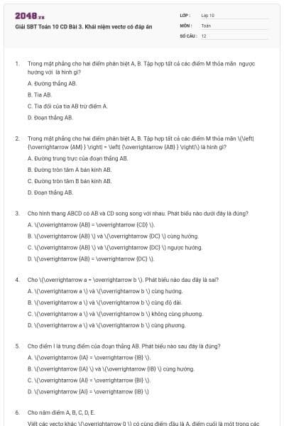 Giải SBT Toán 10 CD Bài 3. Khái niệm vectơ có đáp án