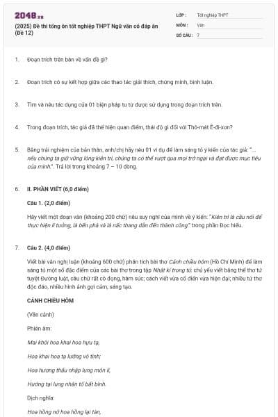 (2025) Đề thi tổng ôn tốt nghiệp THPT Ngữ văn có đáp án (Đề 12)