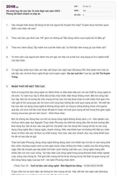 Đề minh họa thi vào lớp 10 môn Ngữ văn năm 2025 - Phòng GD Bình Chánh có đáp án