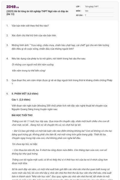 (2025) Đề thi tổng ôn tốt nghiệp THPT Ngữ văn có đáp án (Đề 13)