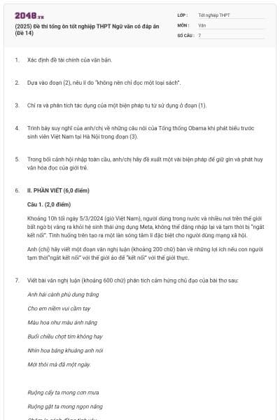 (2025) Đề thi tổng ôn tốt nghiệp THPT Ngữ văn có đáp án (Đề 14)