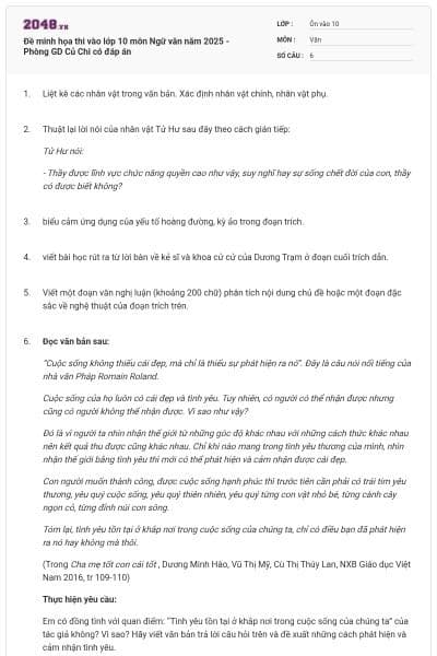 Đề minh họa thi vào lớp 10 môn Ngữ văn năm 2025 - Phòng GD Củ Chi có đáp án