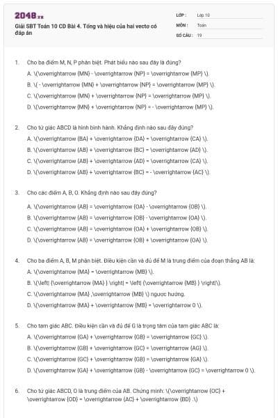 Giải SBT Toán 10 CD Bài 4. Tổng và hiệu của hai vectơ có đáp án