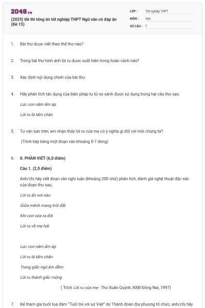 (2025) Đề thi tổng ôn tốt nghiệp THPT Ngữ văn có đáp án (Đề 15)