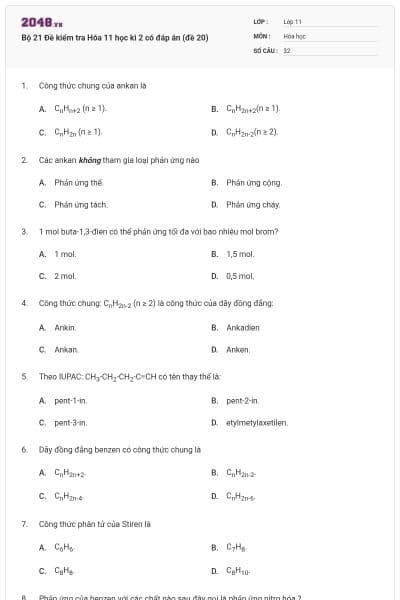 Bộ 21 Đề kiểm tra Hóa 11 học kì 2 có đáp án (đề 20)