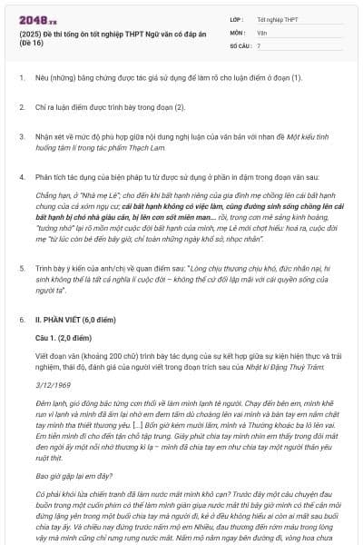 (2025) Đề thi tổng ôn tốt nghiệp THPT Ngữ văn có đáp án (Đề 16)