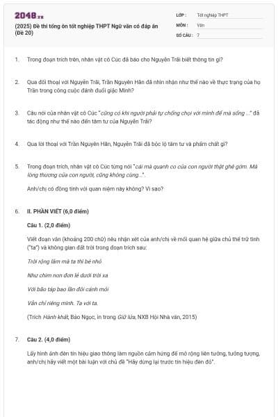 (2025) Đề thi tổng ôn tốt nghiệp THPT Ngữ văn có đáp án (Đề 20)