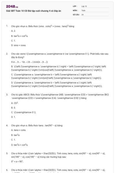 Giải SBT Toán 10 CD Bài tập cuối chương 4 có đáp án