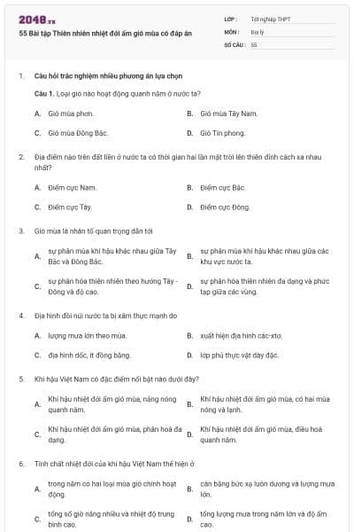 55 Bài tập Thiên nhiên nhiệt đới ẩm gió mùa có đáp án