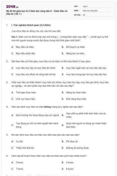 Bộ đề thi giữa học kì 2 Giáo dục công dân 8 - Cánh diều có đáp án ( Đề 1 )