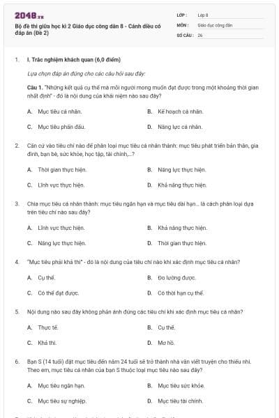 Bộ đề thi giữa học kì 2 Giáo dục công dân 8 - Cánh diều có đáp án (Đề 2)