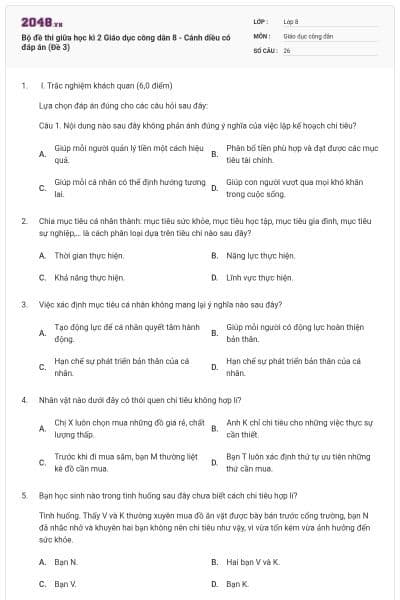 Bộ đề thi giữa học kì 2 Giáo dục công dân 8 - Cánh diều có đáp án (Đề 3)