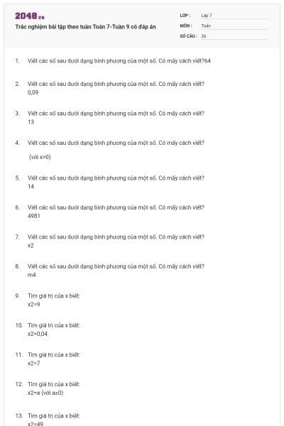 Trắc nghiệm bài tập theo tuần Toán 7-Tuần 9 có đáp án