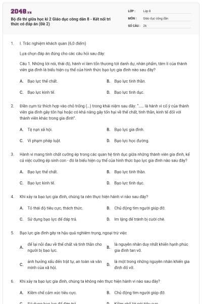 Bộ đề thi giữa học kì 2 Giáo dục công dân 8 - Kết nối tri thức có đáp án (Đề 2)