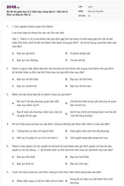 Bộ đề thi giữa học kì 2 Giáo dục công dân 8 - Kết nối tri thức có đáp án (Đề 3)