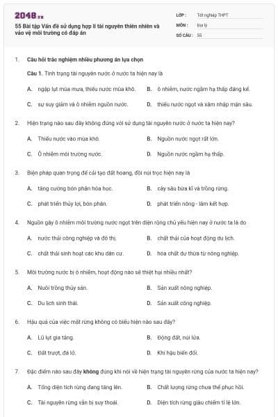 55 Bài tập Vấn đề sử dụng hợp lí tài nguyên thiên nhiên và vảo vệ môi trường có đáp án