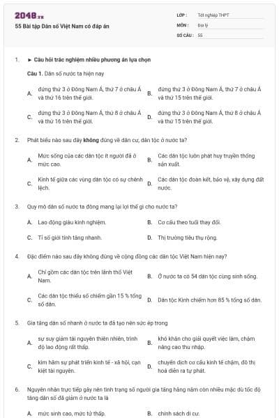 55 Bài tập Dân số Việt Nam có đáp án
