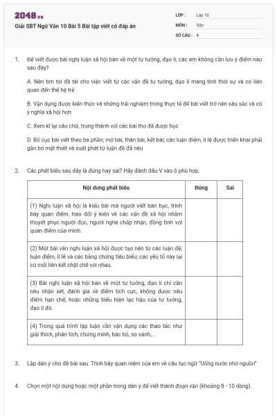 Giải SBT Ngữ Văn 10 Bài 5 Bài tập viết có đáp án