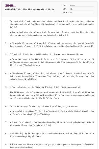 Giải SBT Ngữ Văn 10 Bài 6 Bài tập tiếng Việt có đáp án