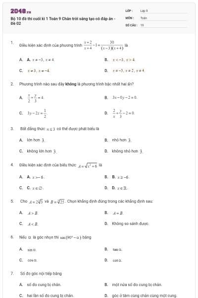 Bộ 10 đề thi cuối kì 1 Toán 9 Chân trời sáng tạo có đáp án - Đề 02