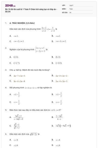 Bộ 10 đề thi cuối kì 1 Toán 9 Chân trời sáng tạo có đáp án - Đề 04