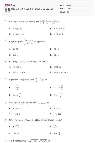 Bộ 10 đề thi cuối kì 1 Toán 9 Chân trời sáng tạo có đáp án - Đề 05
