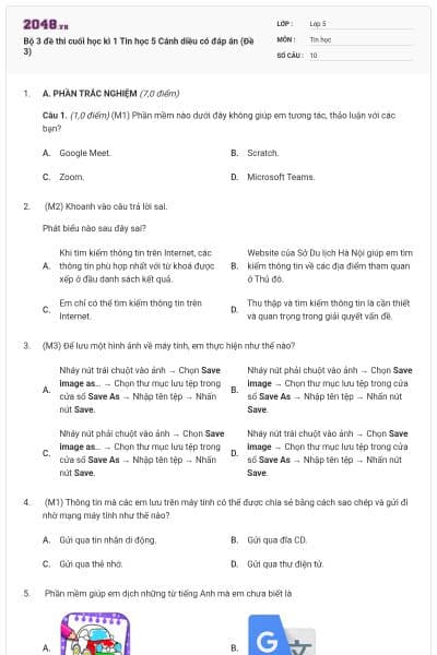 Bộ 3 đề thi cuối học kì 1 Tin học 5 Cánh diều có đáp án (Đề 3)