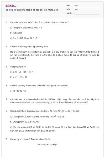 Đề kiểm tra cuối kỳ 2 Toán 8 có đáp án ( Mới nhất)_ đề 8