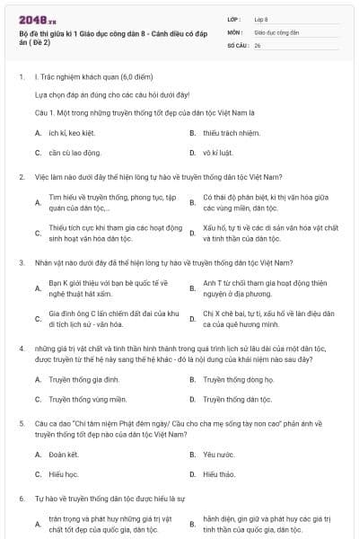 Bộ đề thi giữa kì 1 Giáo dục công dân 8 - Cánh diều có đáp án ( Đề 2)