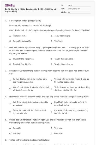 Bộ đề thi giữa kì 1 Giáo dục công dân 8 - Kết nối tri thức có đáp án (Đề 1)