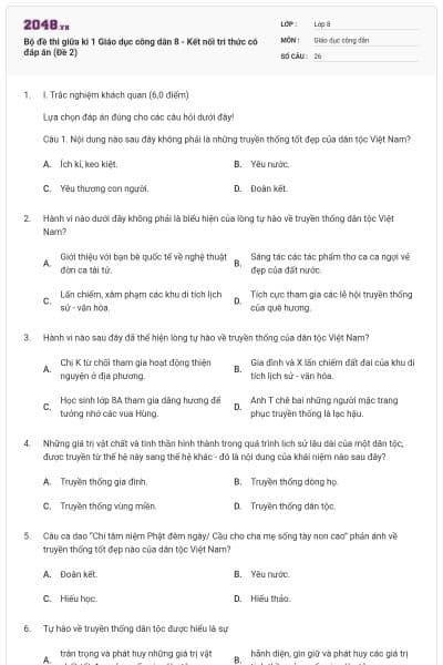 Bộ đề thi giữa kì 1 Giáo dục công dân 8 - Kết nối tri thức có đáp án (Đề 2)
