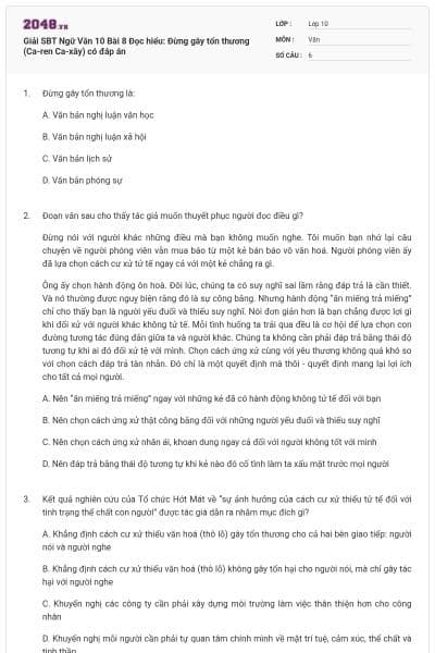 Giải SBT Ngữ Văn 10 Bài 8 Đọc hiểu: Đừng gây tổn thương (Ca-ren Ca-xây) có đáp án