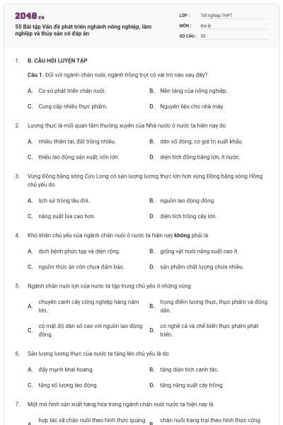 55 Bài tập Vấn đề phát triển nghành nông nghiệp, lâm nghiệp và thủy sản có đáp án