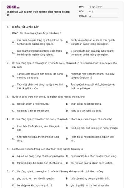 55 Bài tập Vấn đề phát triển nghành công nghiệp có đáp án