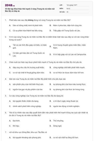 55 Bài tập Khai thác thế mạnh ở vùng Trung du và miền núi Bắc Bộ có đáp án