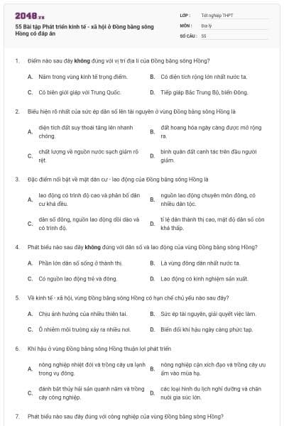 55 Bài tập Phát triển kinh tế - xã hội ở Đồng bằng sông Hồng có đáp án