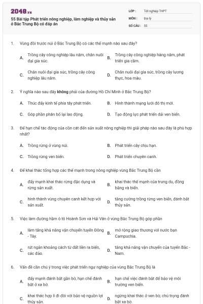 55 Bài tập Phát triển nông nghiệp, lâm nghiệp và thủy sản ở Bắc Trung Bộ có đáp án