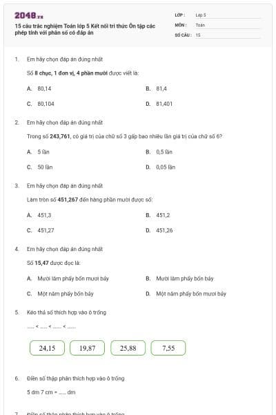 15 câu trắc nghiệm Toán lớp 5 Kết nối tri thức Ôn tập các phép tính với phân số có đáp án