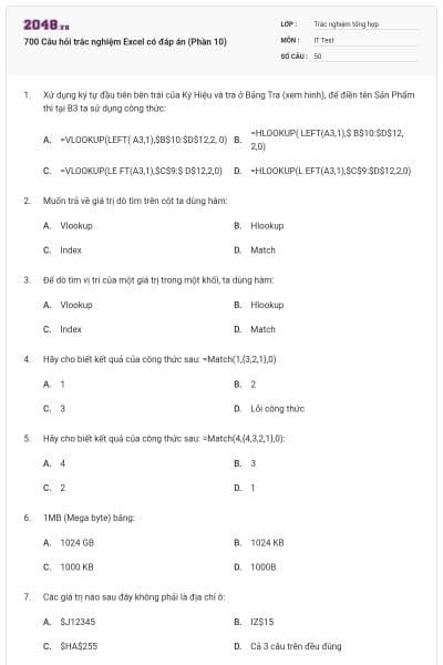 700 Câu hỏi trắc nghiệm Excel có đáp án (Phần 10)