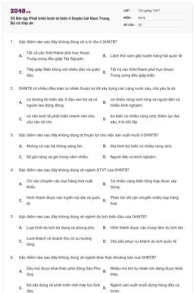 55 Bài tập Phát triển kinh tế biển ở Duyên hải Nam Trung Bộ có đáp án
