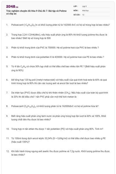 Trắc nghiệm chuyên đề Hóa 9 Chủ đề 7: Bài tập về Polime có đáp án