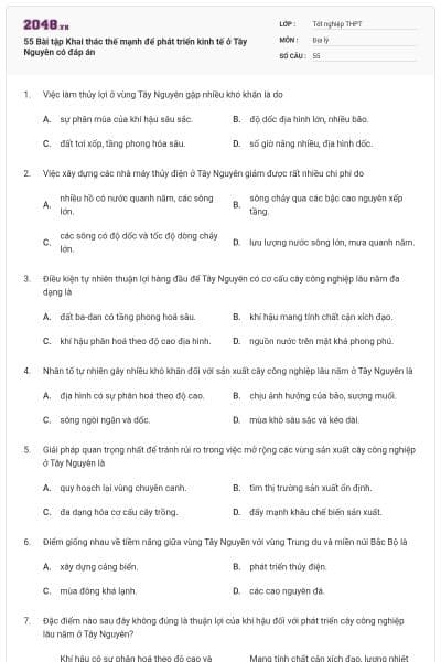 55 Bài tập Khai thác thế mạnh để phát triển kinh tế ở Tây Nguyên có đáp án