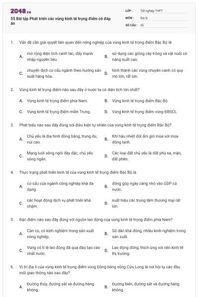 55 Bài tập Phát triển các vùng kinh tế trọng điểm có đáp án