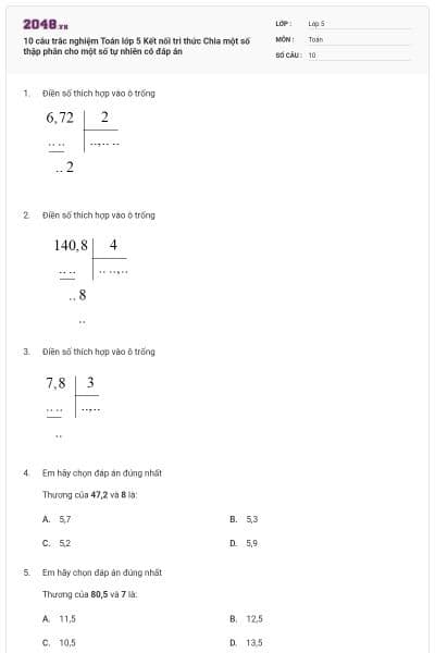 10 câu trắc nghiệm Toán lớp 5 Kết nối tri thức Chia một số thập phân cho một số tự nhiên có đáp án