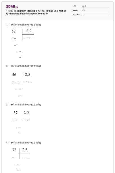 11 câu trắc nghiệm Toán lớp 5 Kết nối tri thức Chia một số tự nhiên cho một số thập phân có đáp án