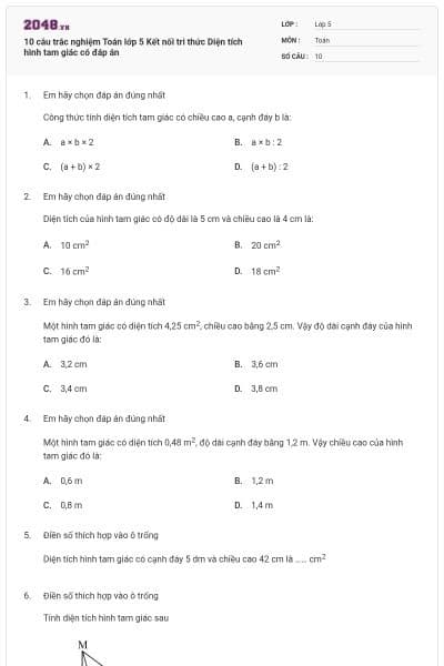 10 câu trắc nghiệm Toán lớp 5 Kết nối tri thức Diện tích hình tam giác có đáp án