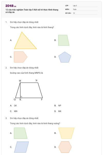 12 câu trắc nghiệm Toán lớp 5 Kết nối tri thức Hình thang có đáp án