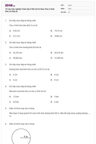 10 câu trắc nghiệm Toán lớp 5 Kết nối tri thức Chu vi hình tròn có đáp án