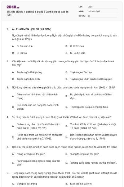 Bộ 3 đề giữa kì 1 Lịch sử & Địa lý 8 Cánh diều có đáp án (Đề 1)